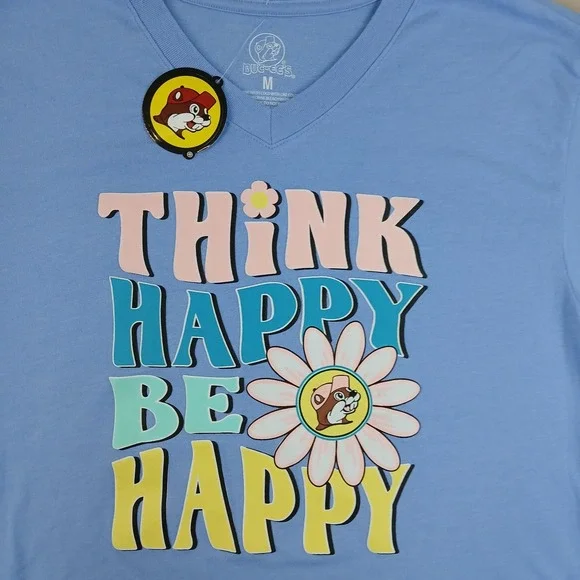 Buc-cees Medium Mens T Shirt NWT Think Happy‎ Be Happy Unisex 20x27 - Picture 2 of 10